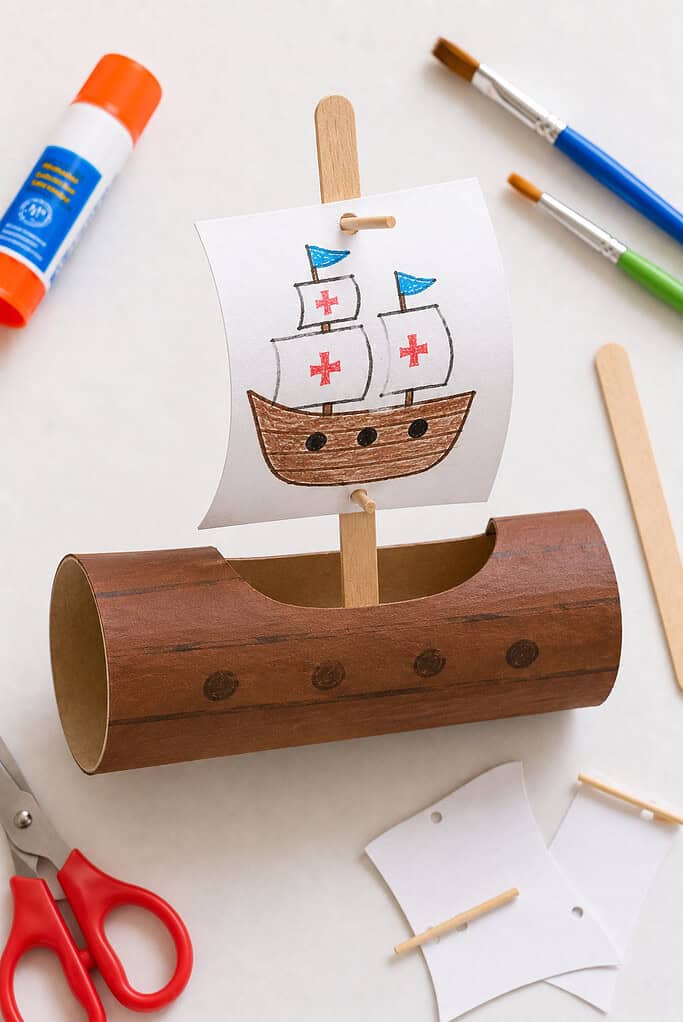 A miniature Mayflower ship made from a recycled cardboard toilet paper roll.