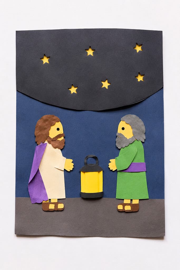 a simple nighttime scene made from hand-cut construction paper. A dark blue or black paper overlay covers part of the background, with several imperfect star shapes punched or cut into it.