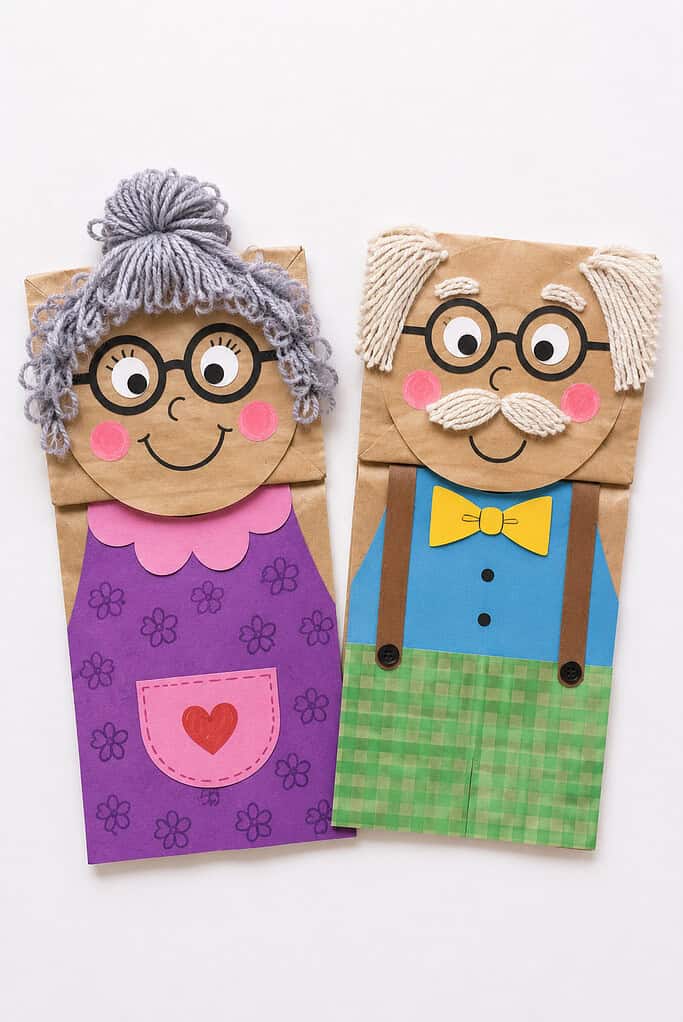 Two paper bag puppets placed side by side: one with gray yarn hair in a bun, round glasses, pink cheeks, and a purple floral dress with a pink heart pocket; the other with white yarn side hair and a mustache, round glasses, pink cheeks, a blue shirt with a yellow bow tie, brown suspenders, and green plaid pants