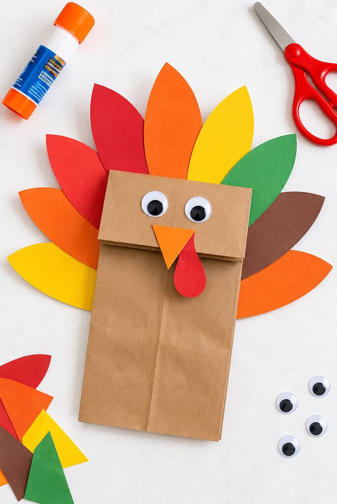 A brown paper lunch bag transformed into an adorable turkey puppet.