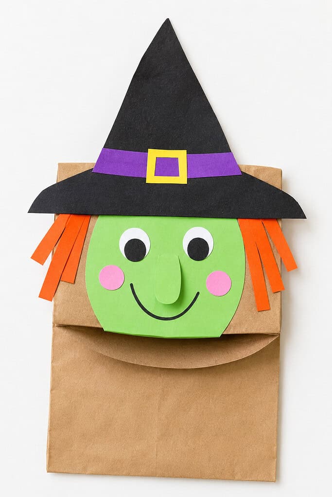 A brown paper bag puppet with a green circular face, googly eyes, pink cheeks, a triangular nose, a smile, orange paper strip hair, and a tall black pointed paper hat with a purple band and yellow buckle