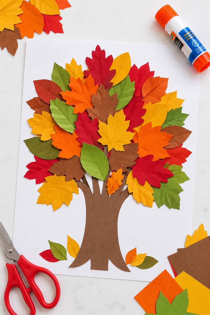 A child-friendly leaf collage created from a collection of colorful paper leaves arranged into a whimsical Thanksgiving-themed design.