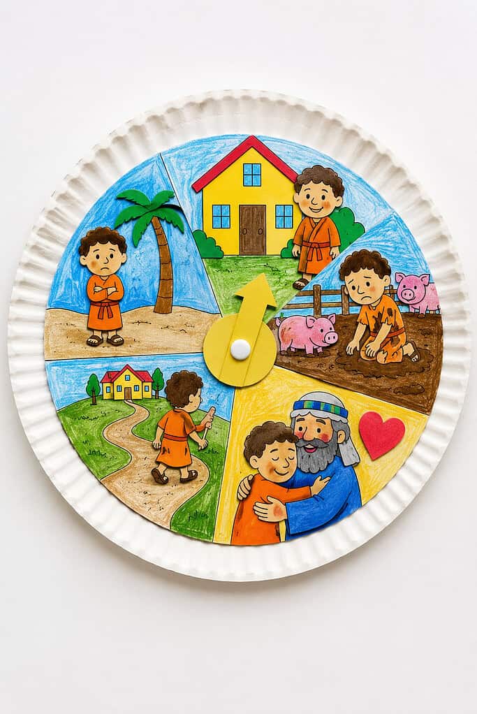 a plain white paper plate divided into five sections with hand-drawn marker lines.