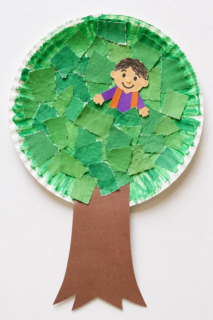 A round paper plate covered in torn green paper pieces forming a leafy tree canopy, with a brown paper trunk at the bottom, and a small smiling figure in a purple and orange outfit peeking out from the center