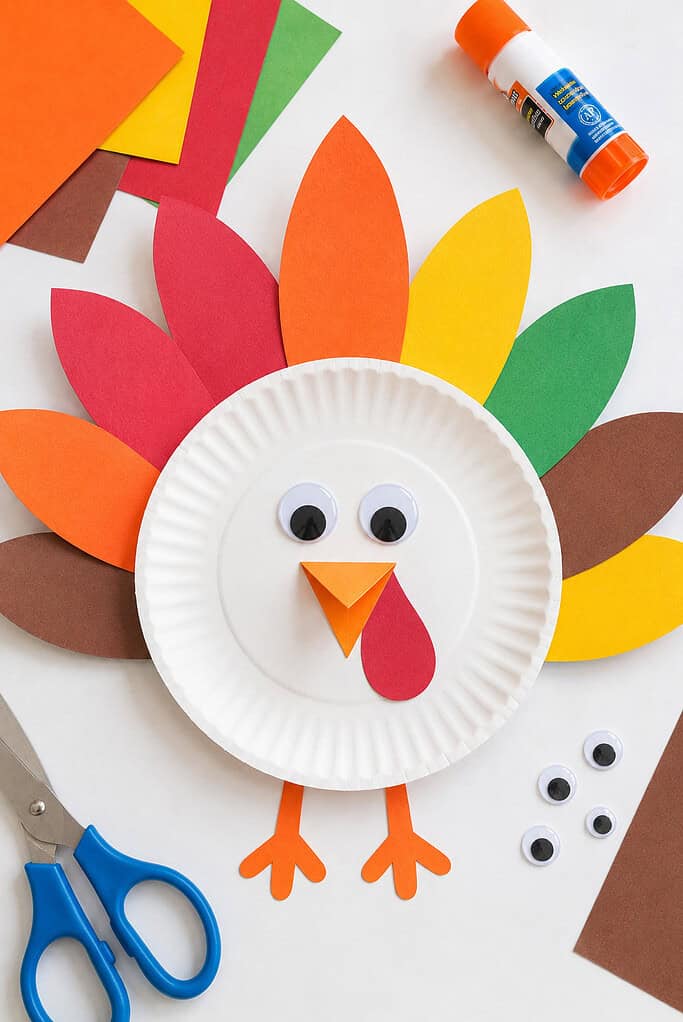 A cheerful turkey made from a white paper plate serving as the round body.