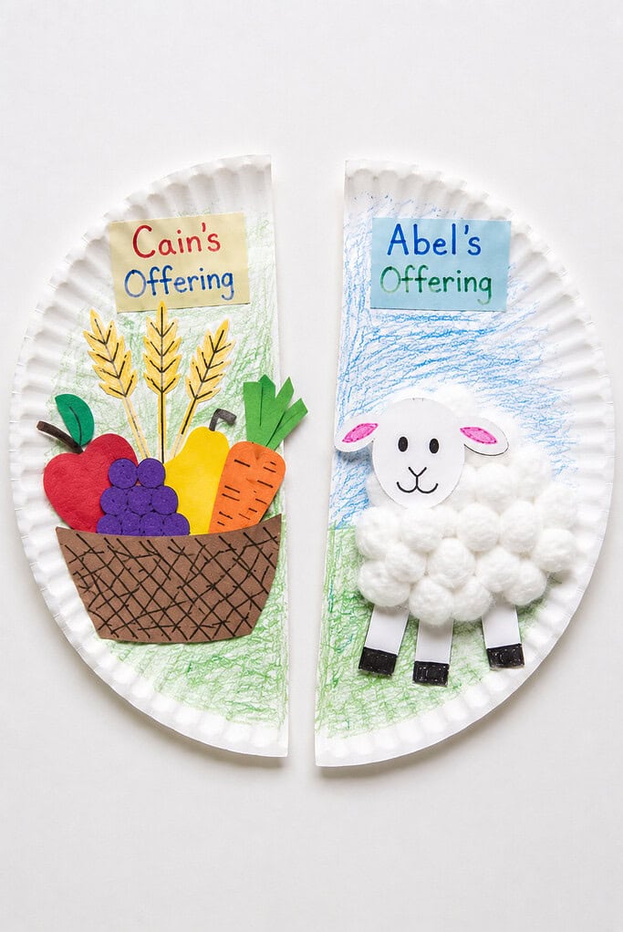 A white paper plate cut in half and separated into two half-circle pieces. The left half shows a paper woven basket filled with colorful cut-out fruits, vegetables, and grain stalks, with a label reading "Cain's Offering." The right half is colored with blue and green crayon and displays a white cotton ball lamb with pink ears, with a label reading "Abel's Offering."