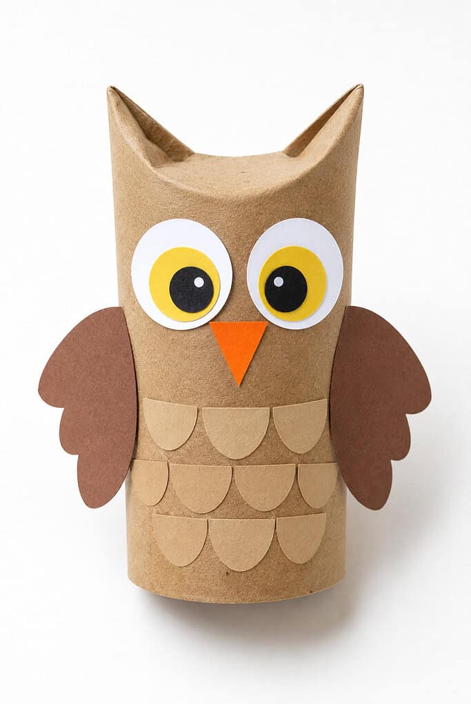 A toilet paper tube owl with two pinched ear-like flaps at the top, large white and yellow circular paper eyes with black pupils, an orange triangular beak, brown paper wings on the sides, and rows of rounded tan paper feather shapes on the lower body