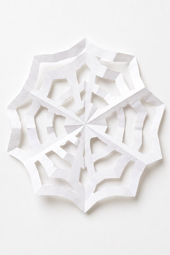 A white paper cutout with concentric geometric rings and radiating lines forming a symmetrical lace-like web pattern
