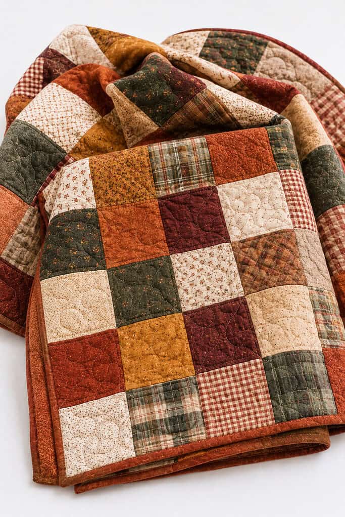 a finished handmade patchwork lap quilt designed for cozy autumn and winter evenings.