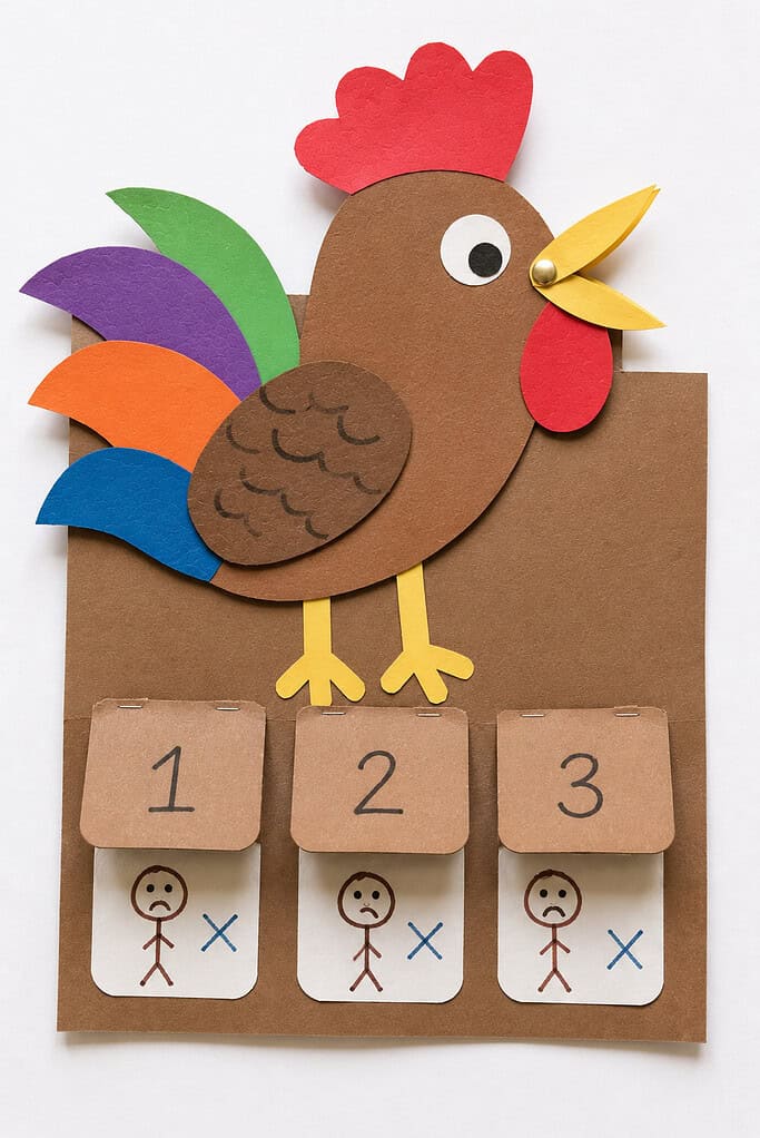 a large handmade rooster made from colorful construction paper with a simple folding beak that can open and close.