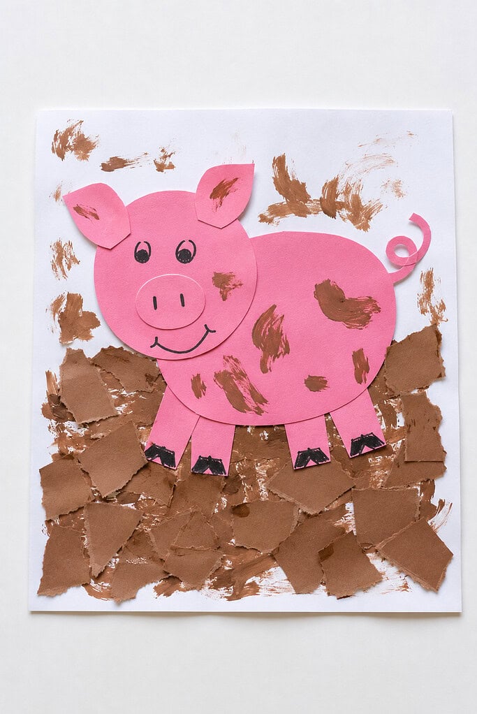 a simple pink pig cut from construction paper and glued onto a sheet of white paper. Around the pig, a child has created a muddy pigpen scene using torn pieces of brown paper and a few messy brown paint smudges.