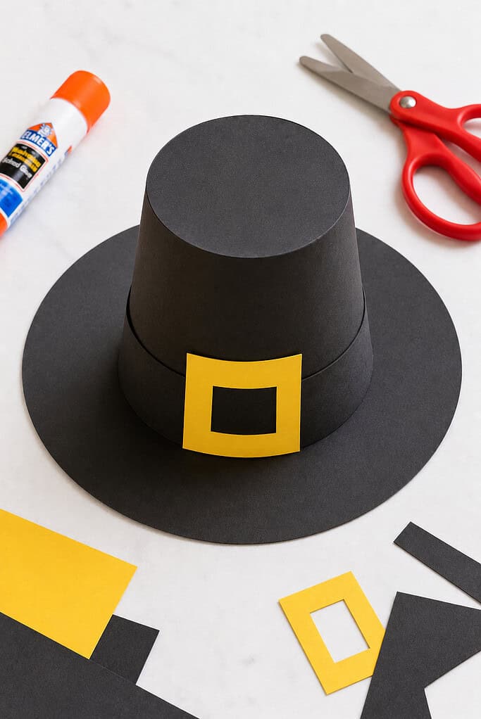 A classic pilgrim hat made from black construction paper.