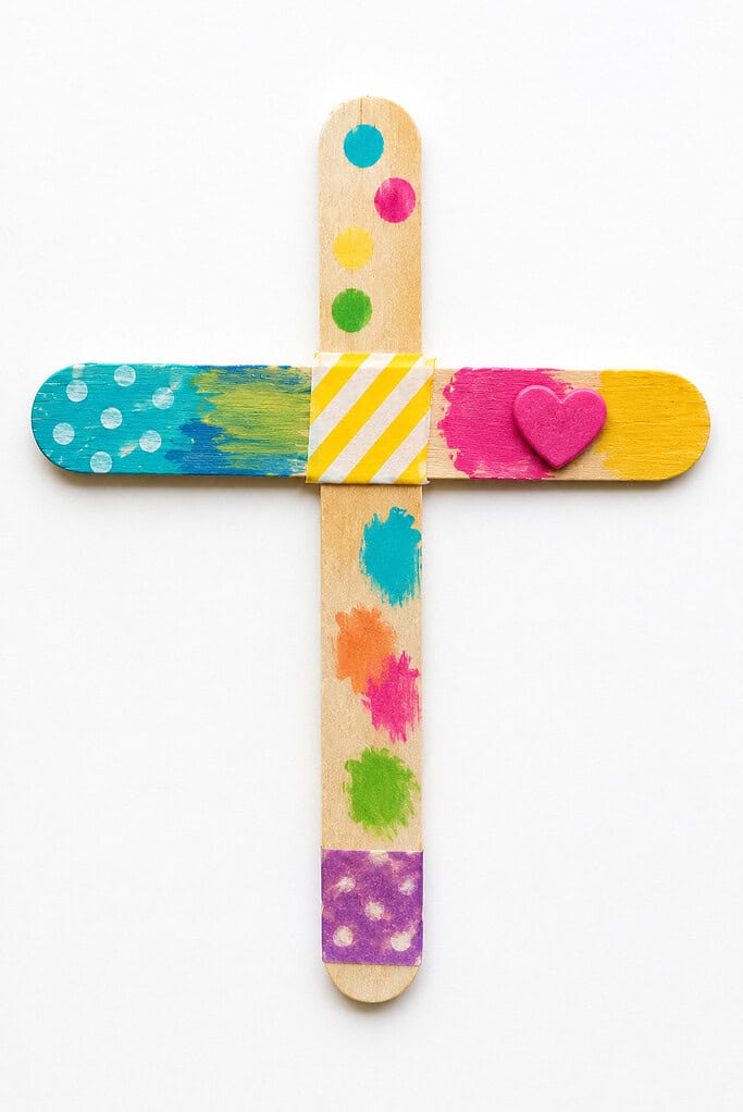 Two painted craft sticks joined in a cross shape, decorated with colorful paint splotches, polka dots, yellow striped washi tape, and a small pink foam heart