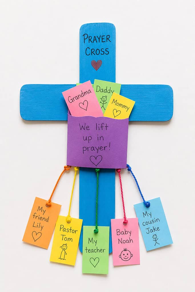 A blue painted wooden cross with a purple paper pocket attached holding small colorful paper slips with handwritten names, and additional name tags hanging from strings below