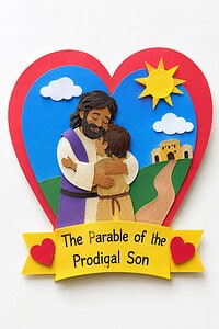 a single colorful Bible craft inspired by the Parable of the Prodigal Son, carefully arranged on a clean, bright white tabletop.