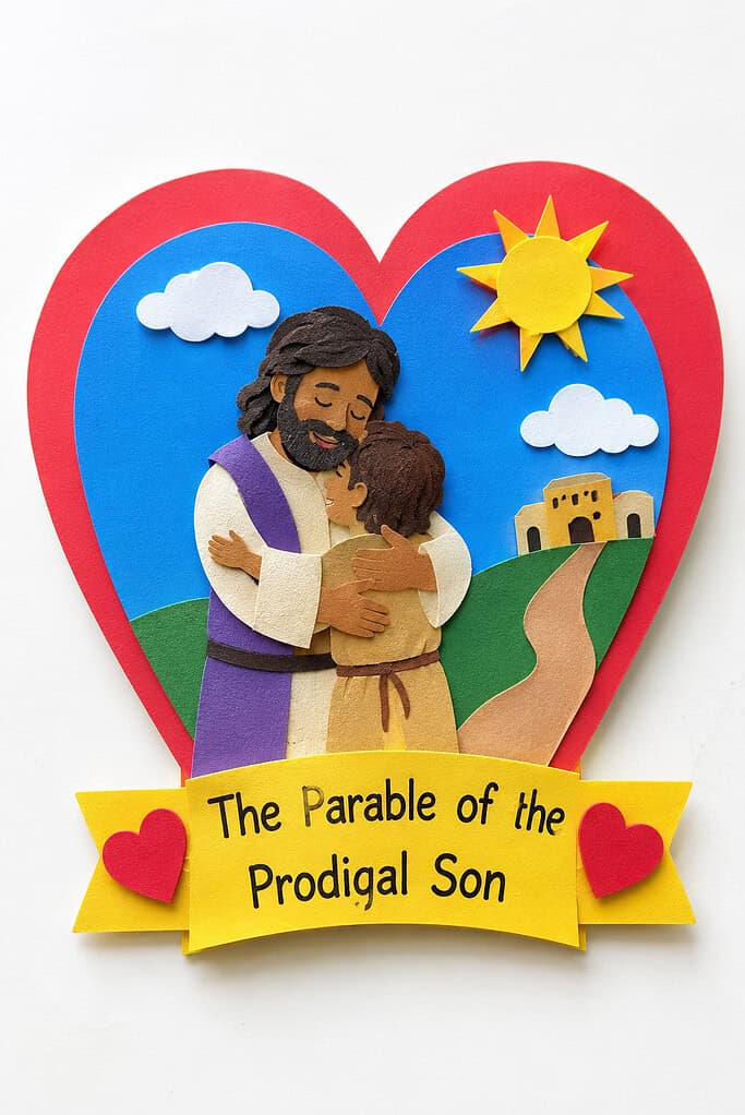 a single colorful Bible craft inspired by the Parable of the Prodigal Son, carefully arranged on a clean, bright white tabletop.