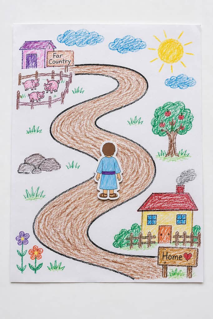 a large sheet of white paper featuring a long, winding road drawn with crayons.
