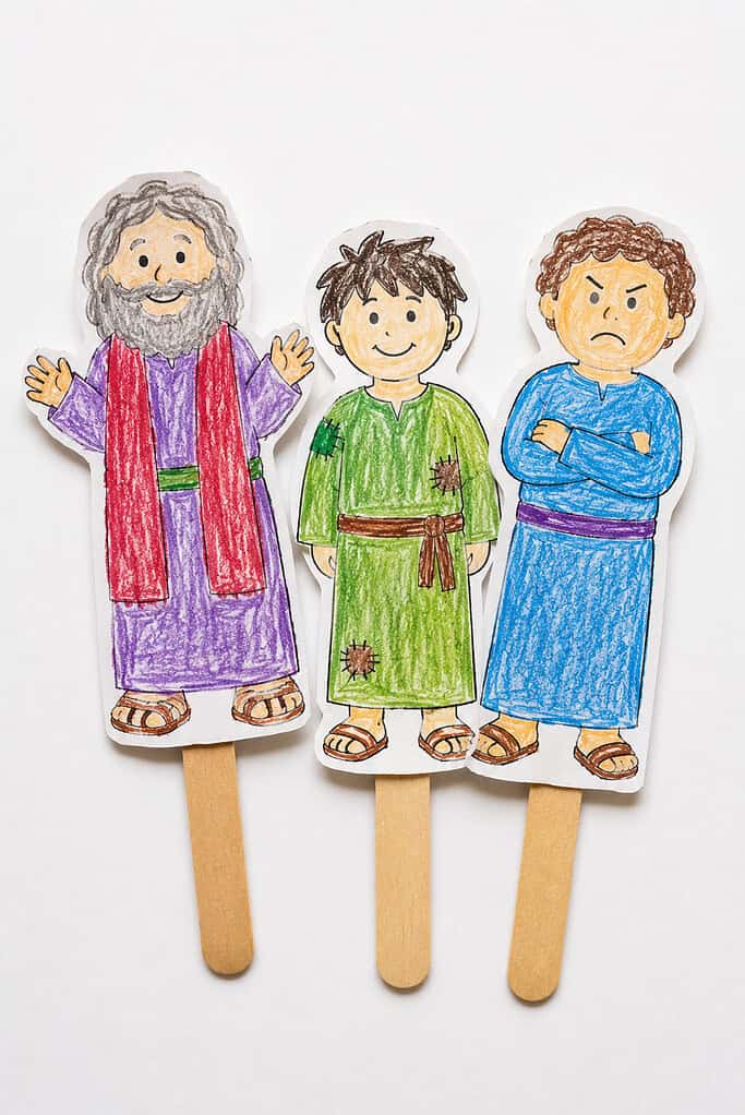 three simple stick puppets representing the main characters from the Parable of the Prodigal Son: the father, the younger son, and the older brother.