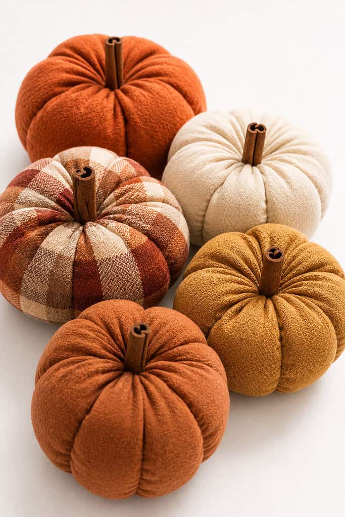 a cluster of soft fabric pumpkins handmade from cozy fall fabrics.