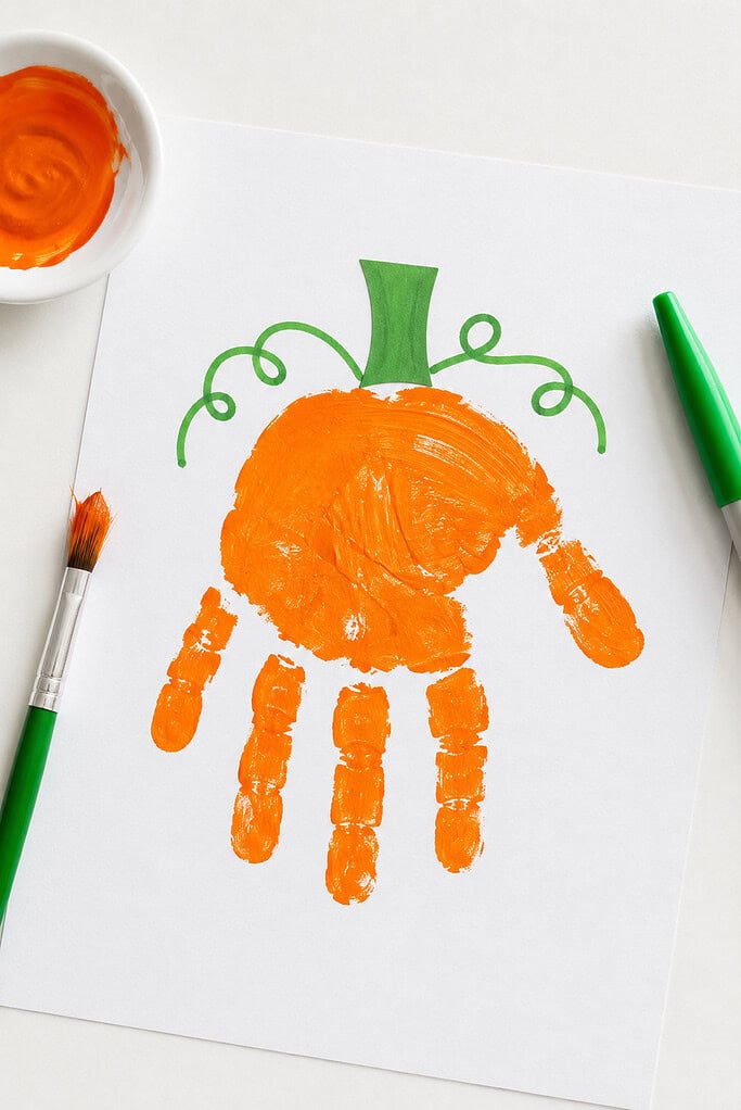 A pumpkin craft created from a child's orange-painted handprint stamped onto white cardstock.