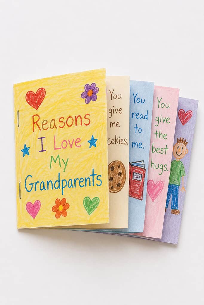 A small hand-drawn flip book with a yellow cover titled "Reasons I Love My Grandparents" decorated with colorful hearts and flowers, fanned open to show interior pages with crayon illustrations and handwritten text about giving cookies, reading, and giving hugs