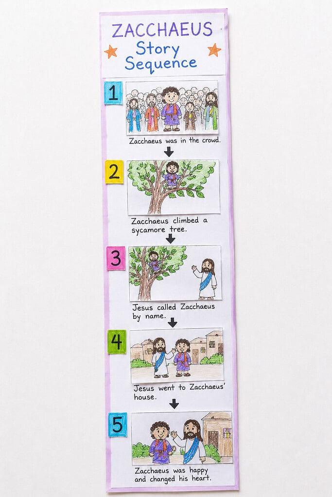 A tall vertical strip of paper with the heading "Zacchaeus Story Sequence" at the top and five numbered illustrated scenes arranged from top to bottom, each with a small colored number box, a hand-drawn scene, a caption, and a downward arrow connecting to the next