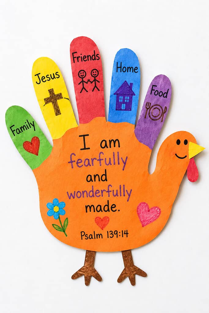 A handprint-shaped paper turkey craft with an orange palm body featuring a smiling turkey face with an orange beak, a red wattle, and brown feet. Five colorful paper fingers in green, yellow, red, blue, and purple are each labeled Family, Jesus, Friends, Home, and Food. A blue flower and a pink heart are drawn on the body with text reading I am fearfully and wonderfully made, Psalm 139:14.