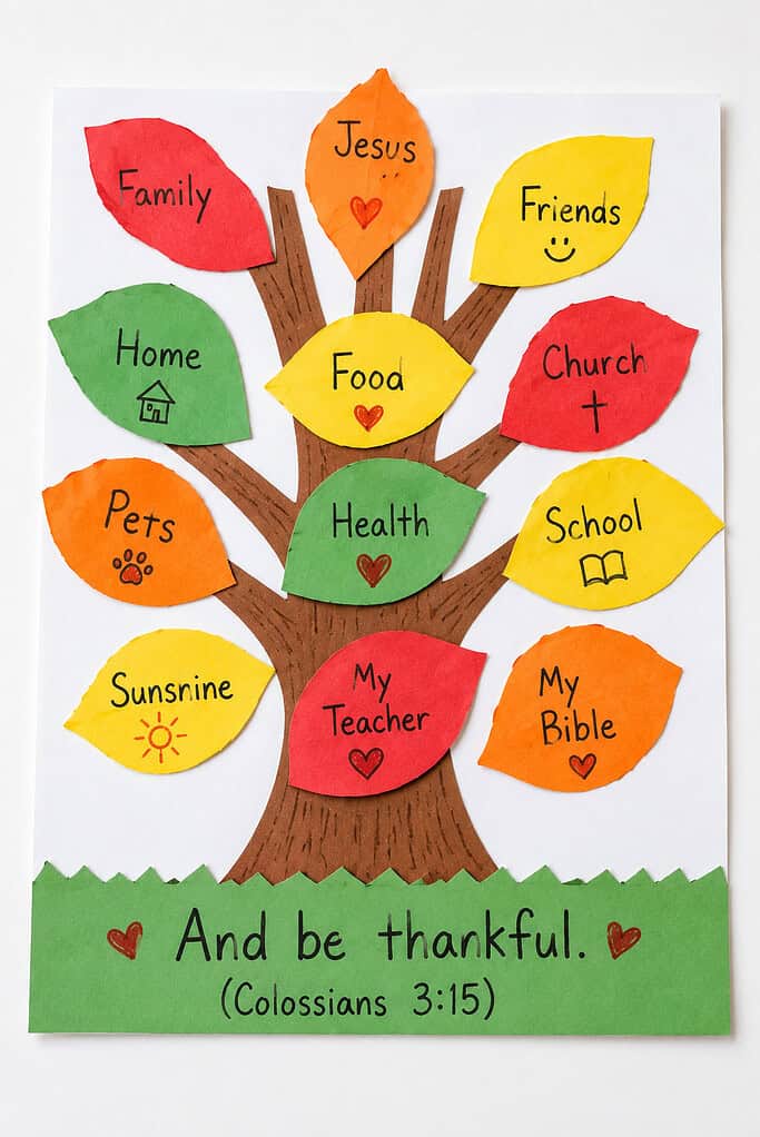 A paper craft of an autumn tree with a brown trunk and branches on a white background, with green paper grass at the base. Colorful paper leaves in red, yellow, orange, and green are attached to the branches, each labeled with words including Jesus, Family, Friends, Home, Food, Church, Pets, Health, School, Sunshine, My Teacher, and My Bible. Text at the bottom reads And be thankful, Colossians 3:15.