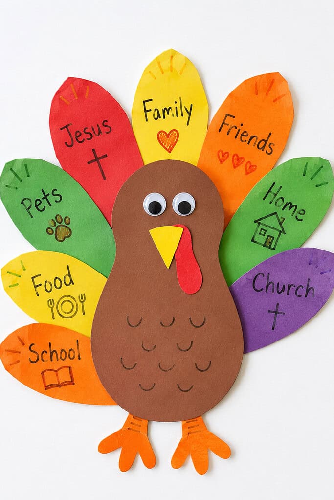A paper turkey craft with a brown oval body, googly eyes, an orange beak, and a red wattle. Eight colorful oval paper feathers fan out behind the body in red, yellow, orange, and green, each labeled with the words Jesus, Family, Friends, Pets, Home, Food, Church, and School. Orange paper feet are at the bottom.