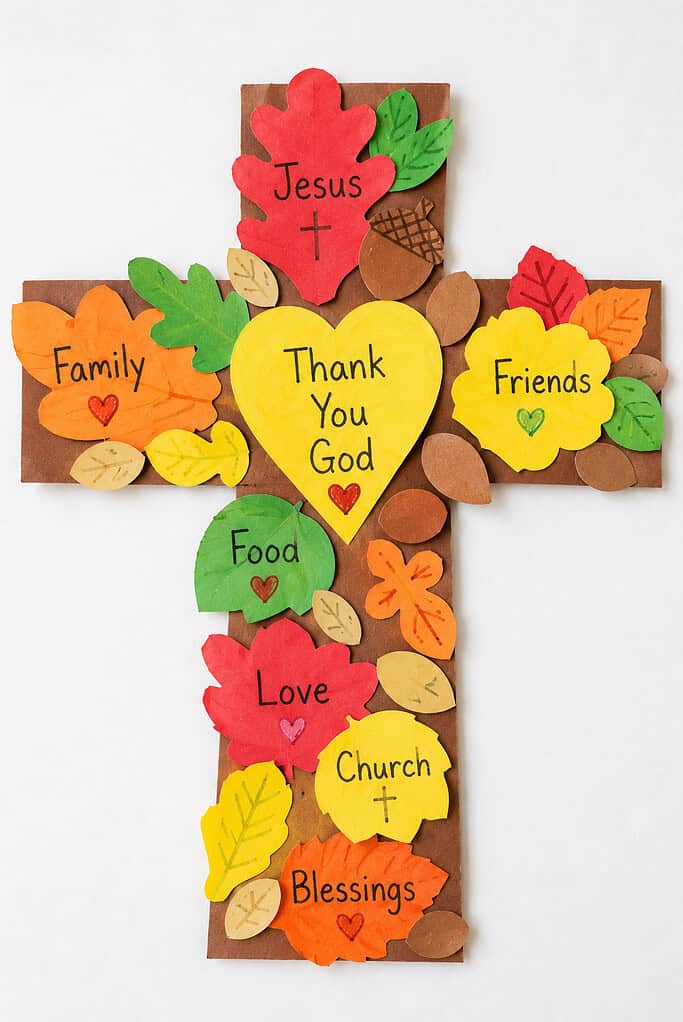 A brown paper cross craft decorated with colorful paper and felt autumn leaves in red, orange, yellow, and green, and small acorns. A large yellow paper heart in the center reads Thank You God. Other labeled leaves read Jesus, Family, Friends, Food, Love, Church, and Blessings.