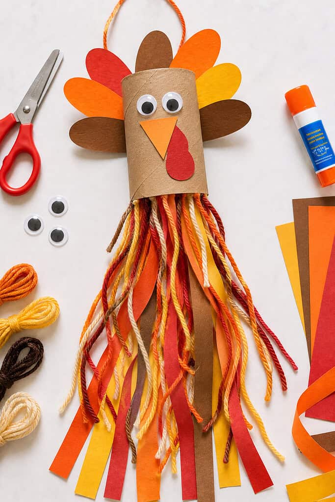 A cheerful turkey windsock made from a decorated paper tube or paper cup