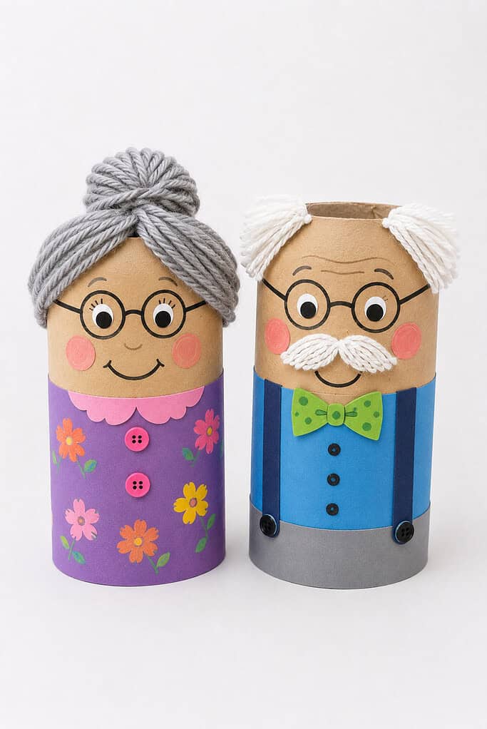Two toilet paper roll figures standing side by side: one with gray yarn hair in a bun, round glasses, pink cheeks, and a purple floral dress with pink buttons; the other with white yarn side hair and a white yarn mustache, round glasses, pink cheeks, a blue shirt with a green polka-dot bow tie, suspenders, and gray pants