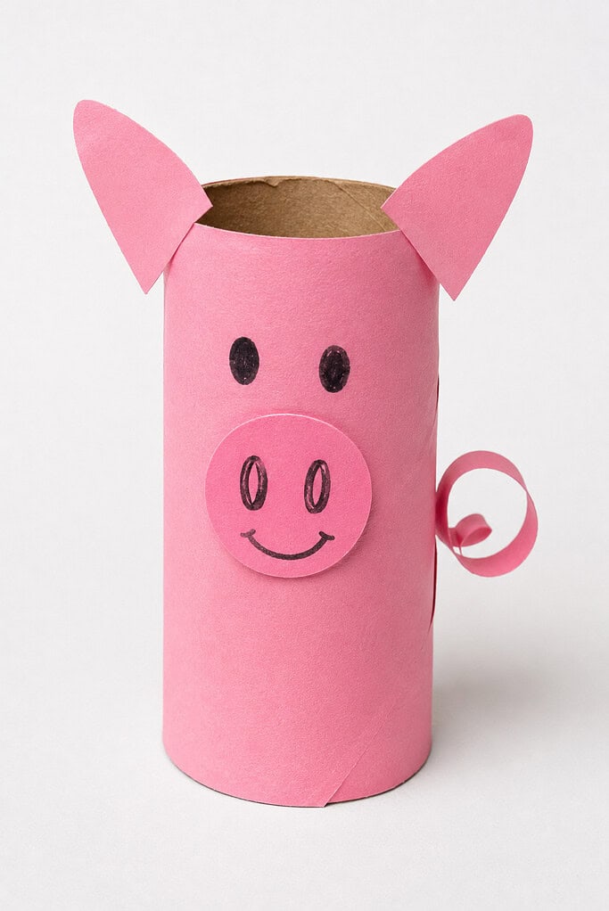 an empty cardboard toilet paper roll wrapped in pink construction paper to create a simple standing pig.
