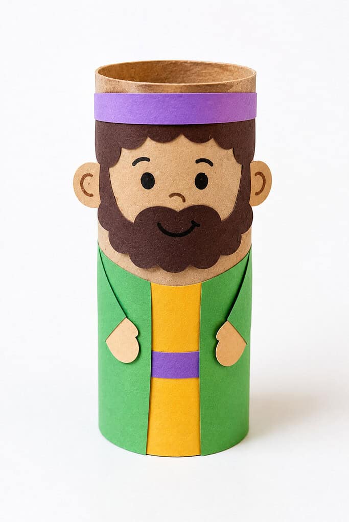 A toilet paper roll decorated as a standing figure with a smiling bearded face, dark brown hair, purple headband, dressed in a green and yellow robe with a purple belt and small paper hands