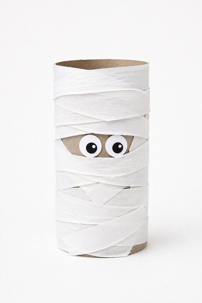 A toilet paper tube wrapped diagonally in white paper strips, with two googly eyes peeking out through a gap in the middle of the wrapping