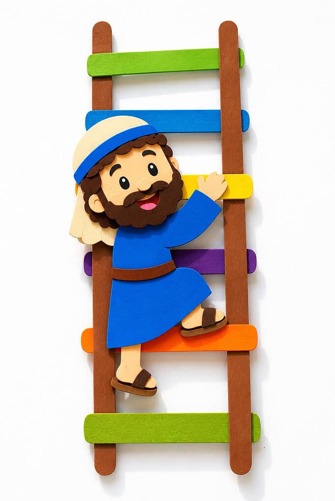 A craft ladder made from brown craft sticks with colorful rungs in blue, yellow, purple, orange, and green, with a small smiling bearded paper figure in a blue robe and white head covering climbing it
