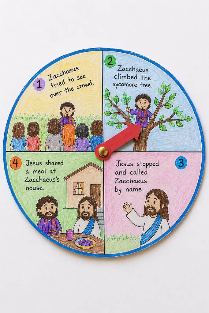 A circular paper spinner wheel divided into four colored sections, each containing a hand-drawn illustrated scene with a numbered label, and a red paper arrow fastened in the center with a brass brad