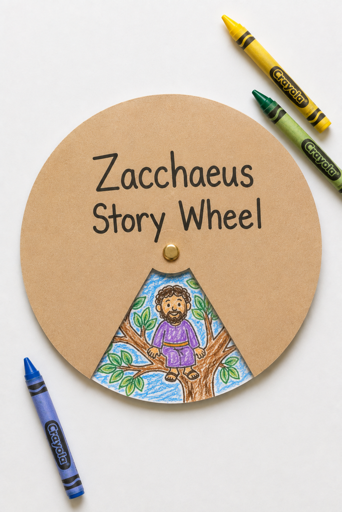 a handmade Zacchaeus story wheel craft made of two paper circles joined by a brass fastener with one colored scene showing through a cutout window