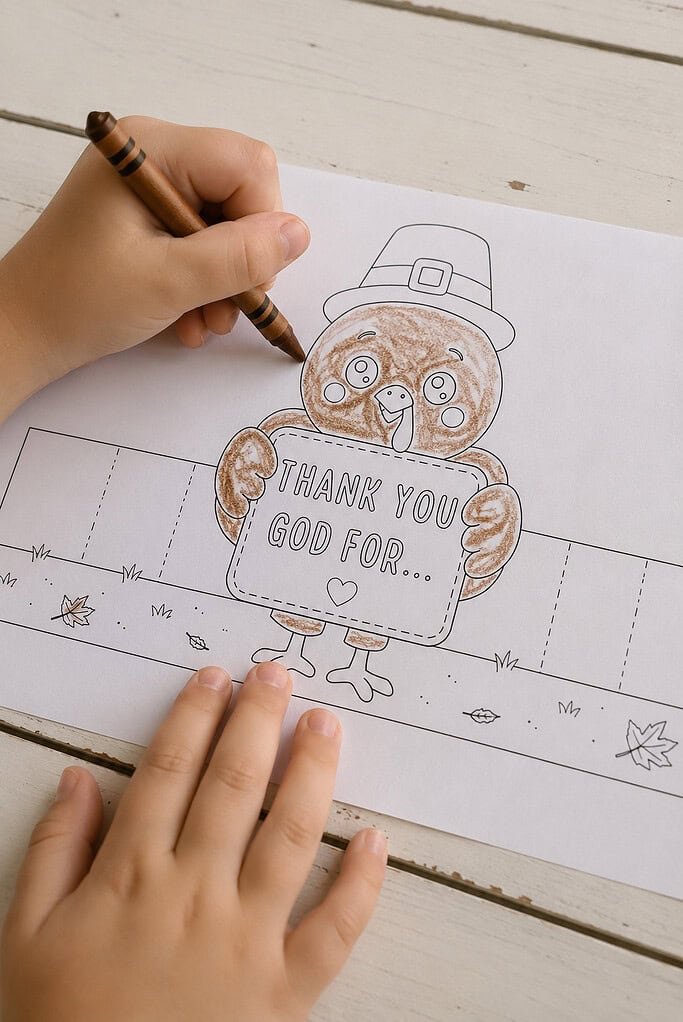 A child's hands coloring a black and white printed turkey page with a brown crayon on a wooden table