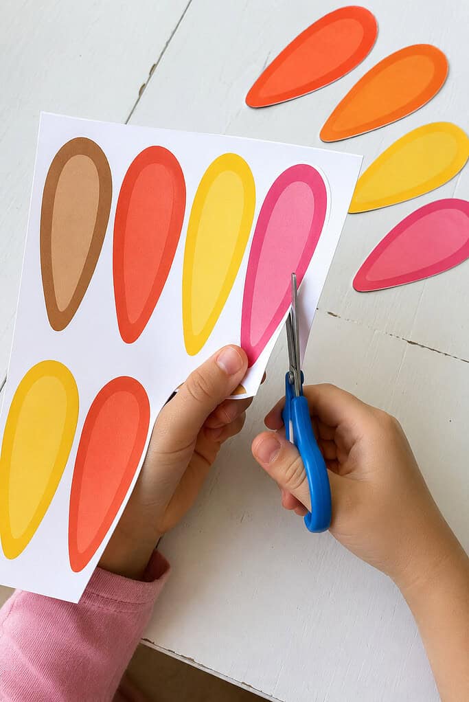 A child's hands cutting out a paper feather with child-safe scissors, with loose orange, red, pink, and yellow feathers on a wooden table