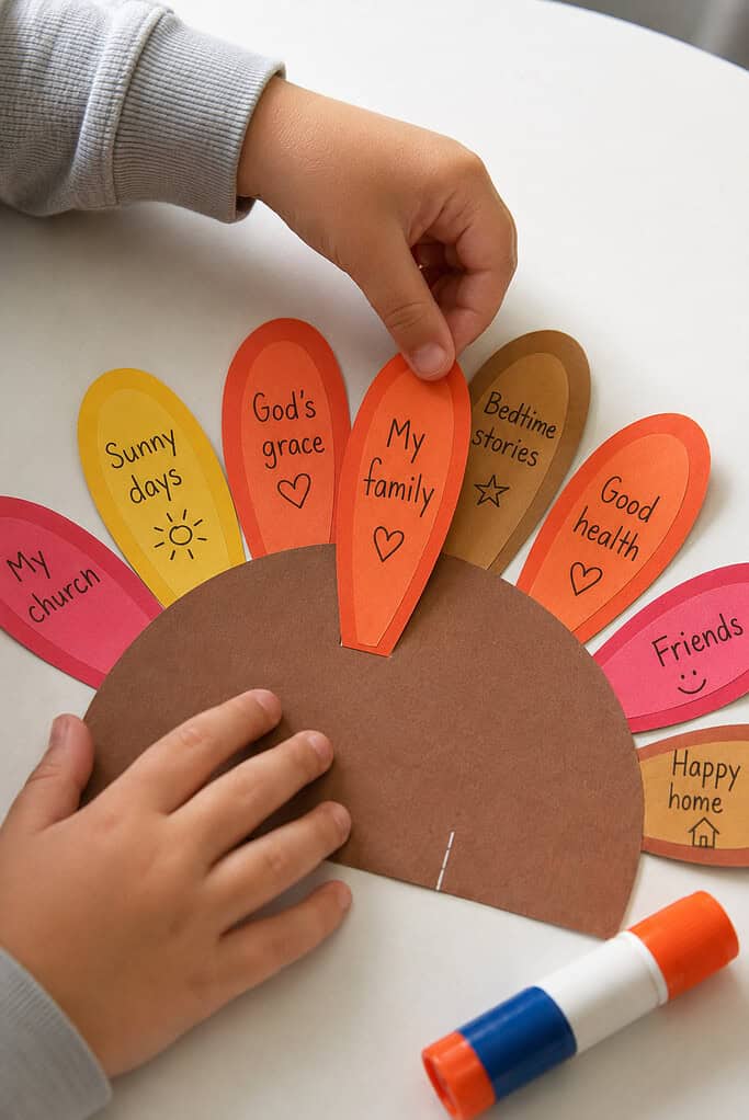 A child's hands gluing a colored paper feather onto a rounded brown paper fan piece, with a glue stick beside it on a wooden table