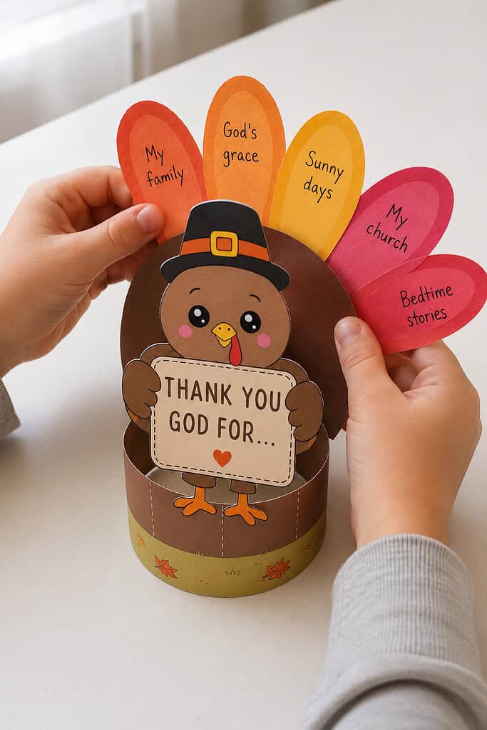 A child's hands attaching a fan of colorful paper feathers behind a paper turkey standing on its ring base on a wooden table