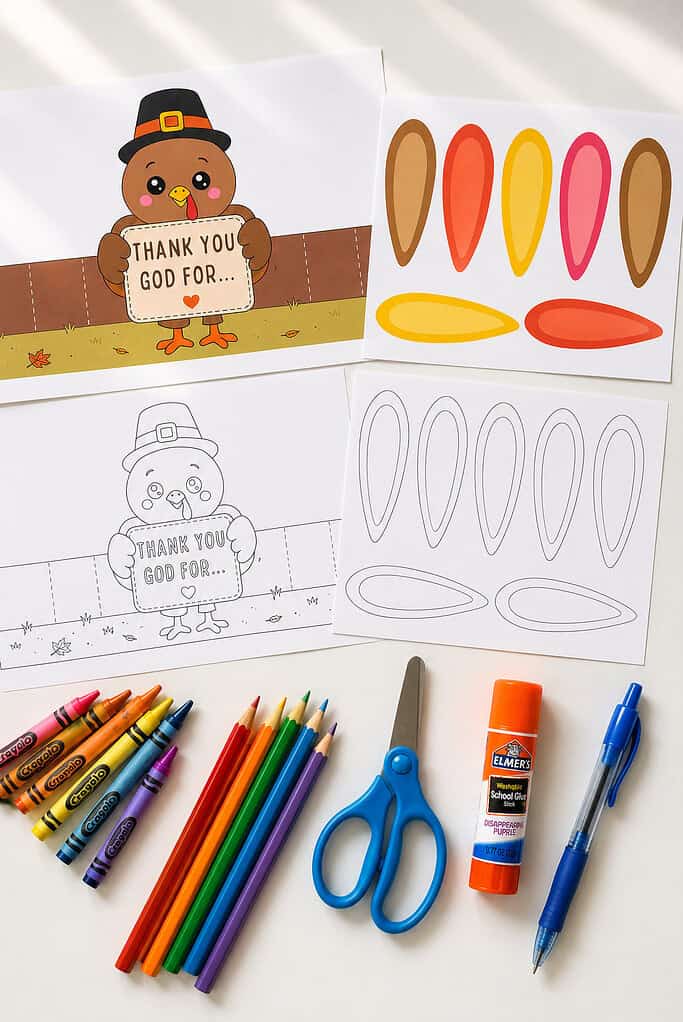 Printed turkey craft pages on a white table with crayons, colored pencils, child-safe scissors, a glue stick, and a pen laid on top