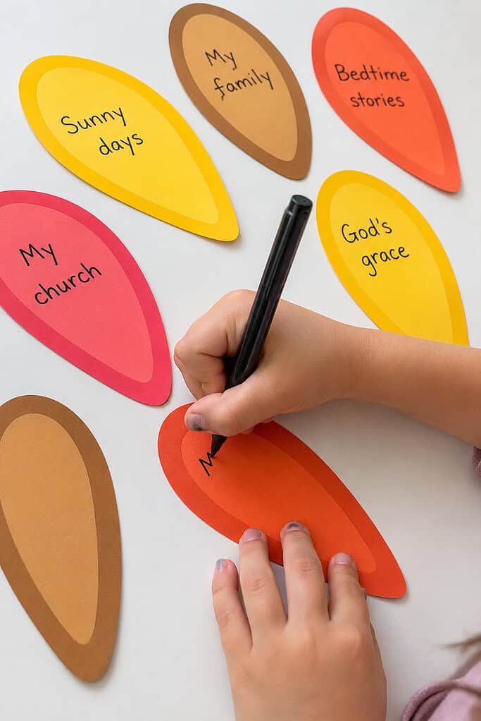 A child's hand writing with a pen on a paper feather, with other handwritten orange, red, pink, and yellow feathers laid out on a wooden table