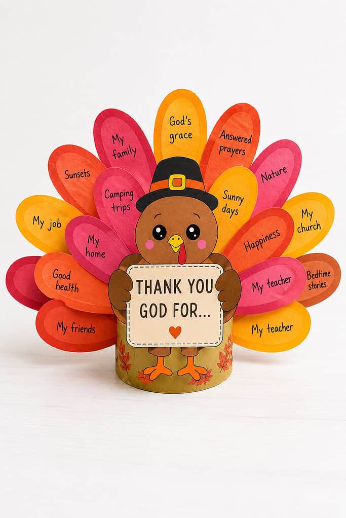 A finished paper turkey craft in a black pilgrim hat standing on a white table with orange, red, pink, and yellow paper feathers fanned out behind it