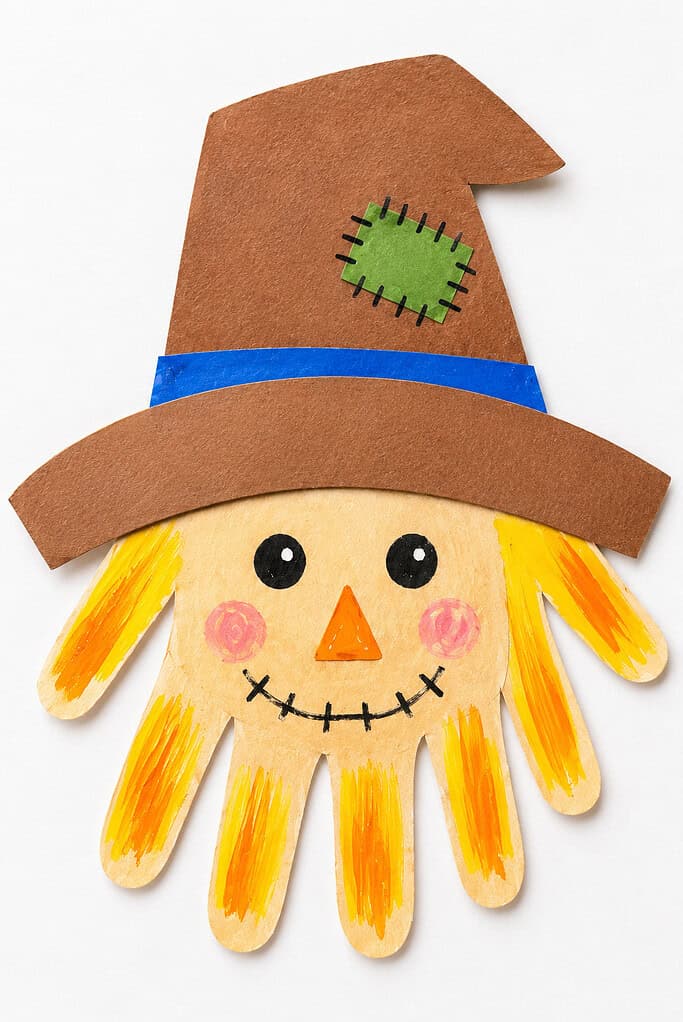 Hand-shaped paper cutout on a white background with yellow and orange painted fingers, black circular eyes, pink cheeks, an orange triangular nose, and a stitched smile. A large brown paper hat with a blue band and green stitched patch sits above the face.