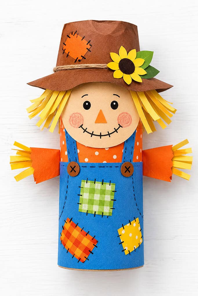 Cardboard tube craft on a white wooden surface with a round tan face, yellow paper-strip hair, black eyes, an orange triangular nose, pink cheeks, and a stitched smile. It wears a brown hat with twine, an orange patch, and a yellow flower, plus an orange polka-dot shirt, blue overalls with colorful fabric patches, and orange arms with yellow paper-strip ends.