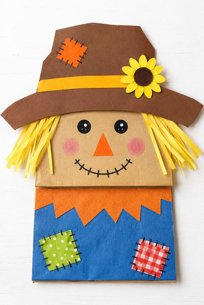 Rectangular paper craft on a white wooden surface with a tan face, yellow paper-strip hair, black circular eyes, an orange triangular nose, pink cheeks, and a stitched smile. It wears a large brown hat with a yellow band, orange patch, and yellow flower, above a blue-and-orange body decorated with green polka-dot and red gingham patches.