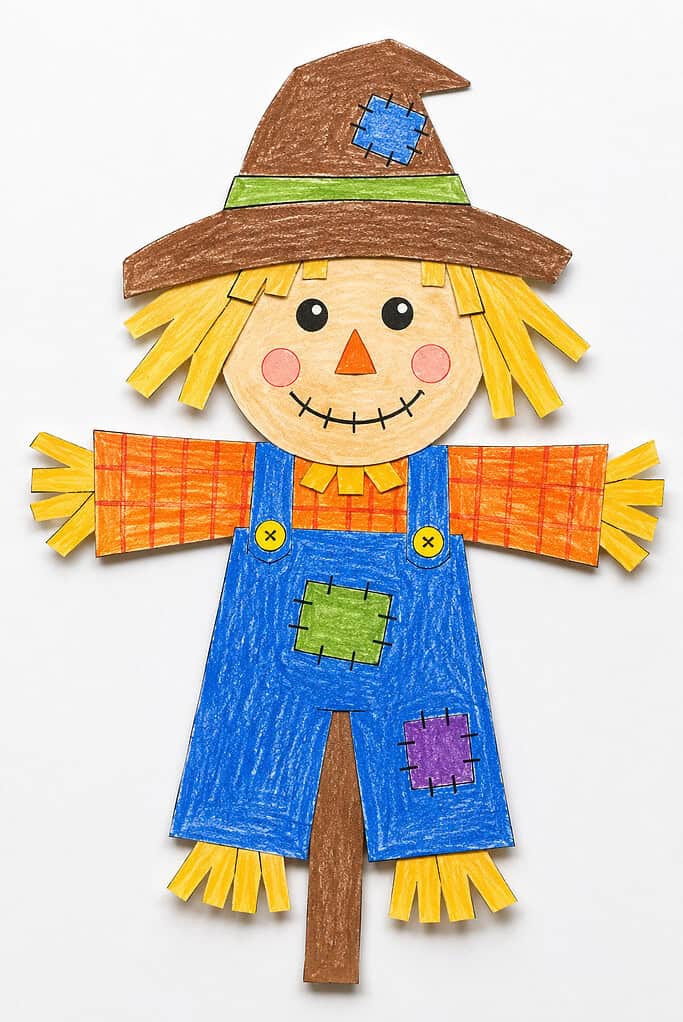 Paper cutout figure on a white background with a round tan face, yellow strip hair, black eyes, an orange triangular nose, pink cheeks, and a stitched smile. It wears a brown pointed hat with a green band and blue patch, an orange plaid shirt, and blue overalls with green and purple patches, yellow buttons, outstretched arms, straw-like yellow ends, and a brown support stick.