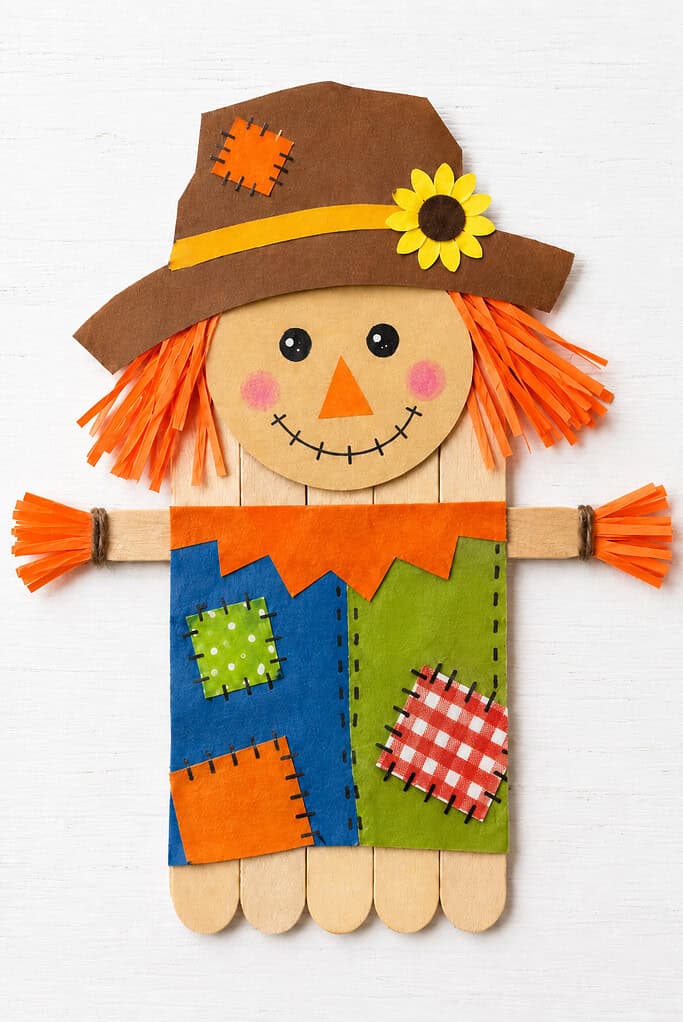 Popsicle-stick figure on a white wooden surface with a round tan face, orange paper-strip hair, black eyes, an orange triangular nose, pink cheeks, and a stitched smile. It wears a brown hat with a yellow band, orange patch, and yellow flower, plus a blue, green, and orange paper outfit with patterned patches and outstretched wooden arms.